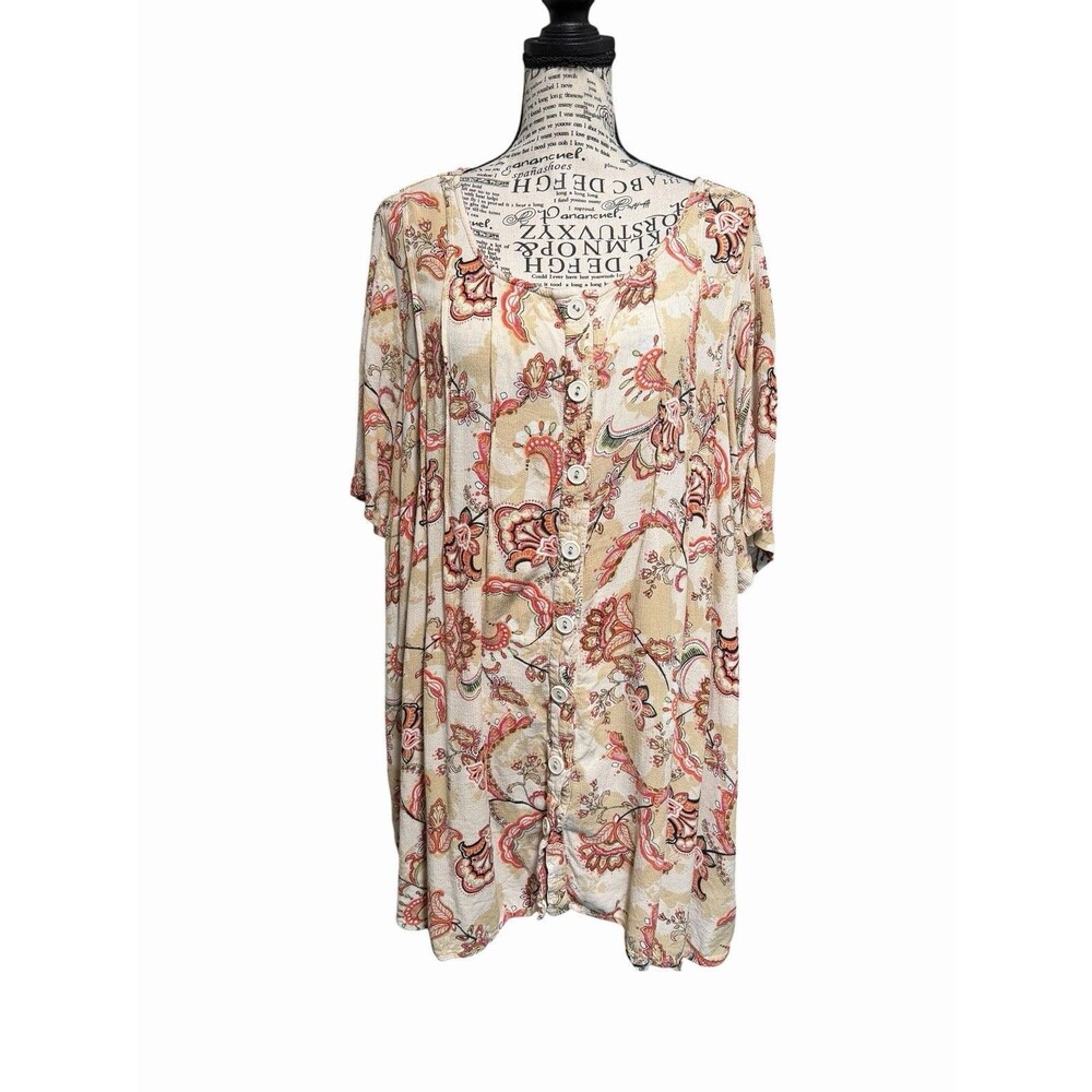 Roamans Womens Floral Top size 24W Short Sleeve Button Up Boho Office Stretch